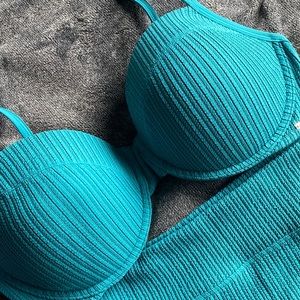 Pink swim teal blue bikini top and boy short bottoms top